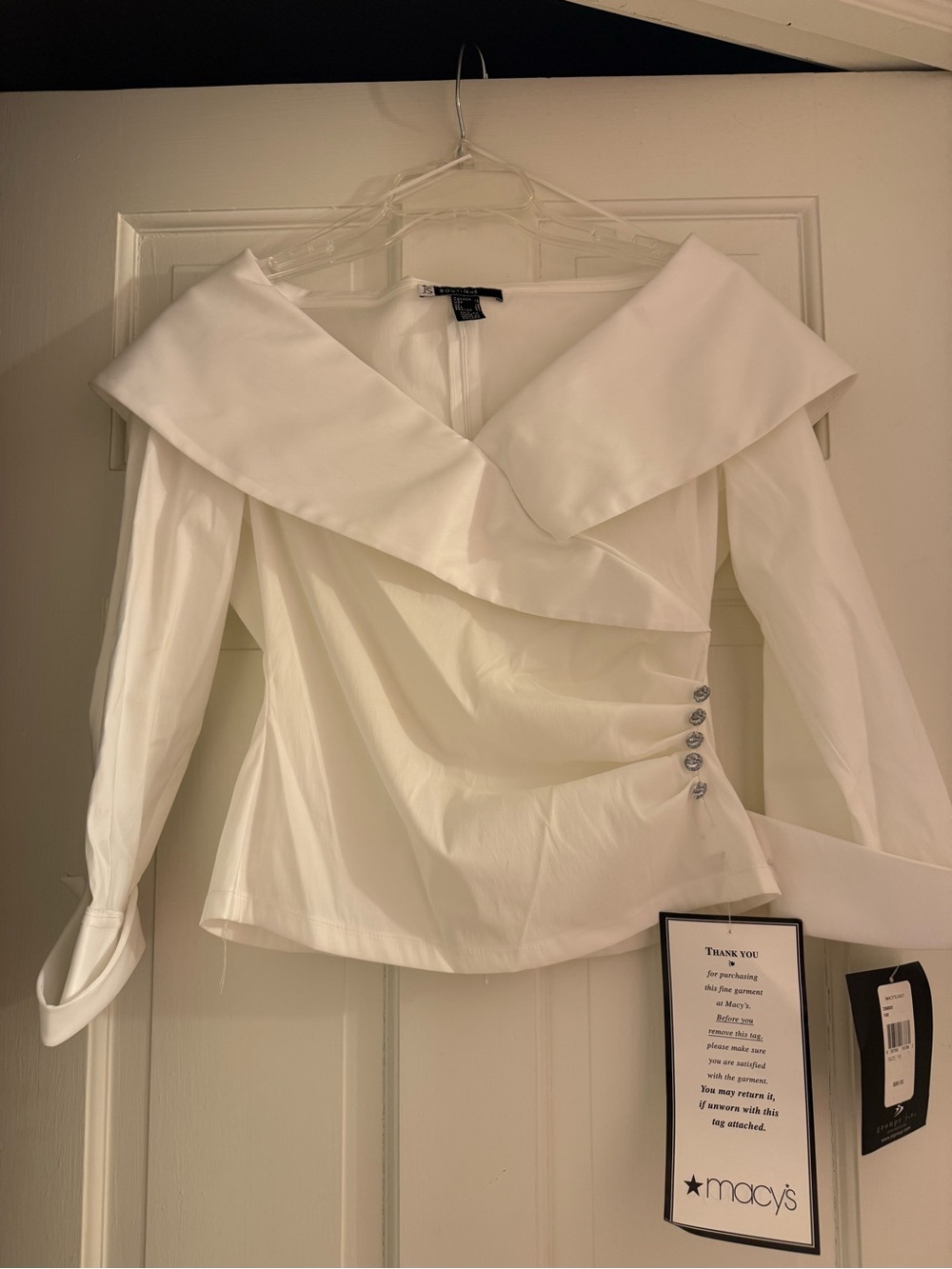 Macy's White Off-Shoulder Draped Peplum Blouse with Decorative Buttons